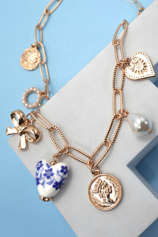 Blue Ceramic Porcelain Bow Heart Charm Link Necklace