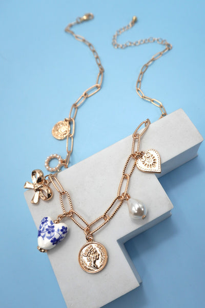 Blue Ceramic Porcelain Bow Heart Charm Link Necklace