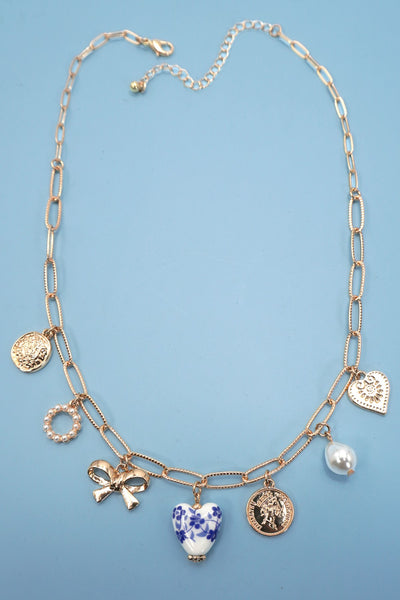 Blue Ceramic Porcelain Bow Heart Charm Link Necklace