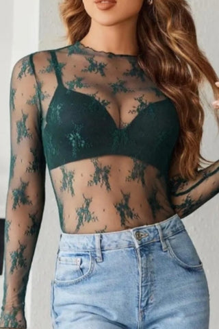 Dark Green Floral Lace Mesh Top