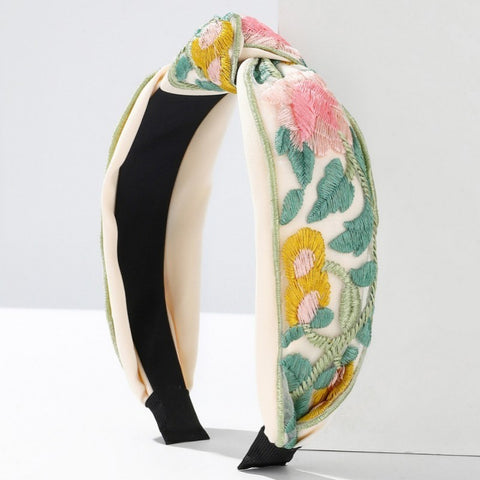 Pink & Yellow Floral Cottagecore Embroidery Hair Band Headband