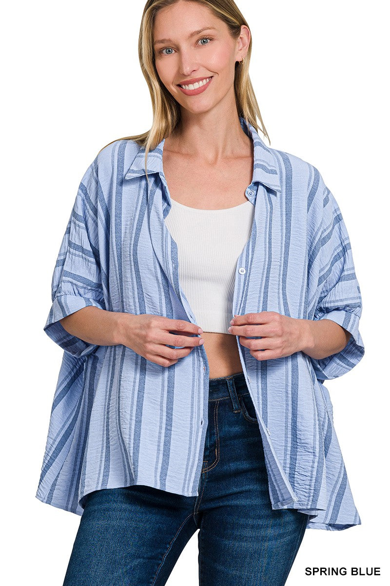 Spring Blue Saylor Striped Oversized Button Shirt