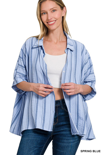 Spring Blue Saylor Striped Oversized Button Shirt