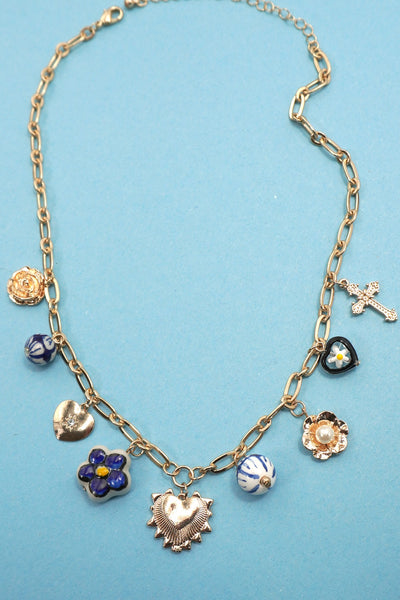 Blue Ceramic Porcelain Heart Cross Charm Necklace