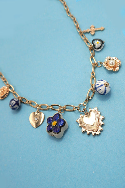 Blue Ceramic Porcelain Heart Cross Charm Necklace
