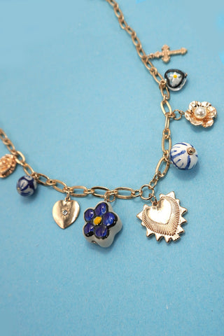Blue Ceramic Porcelain Heart Cross Charm Necklace