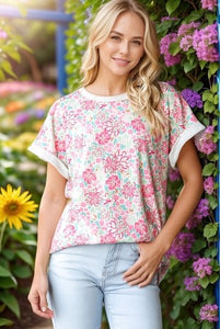 Pink Floral Print Ribbed Top