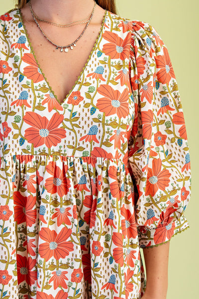 Coral Floral Mix Puff Sleeve Dress