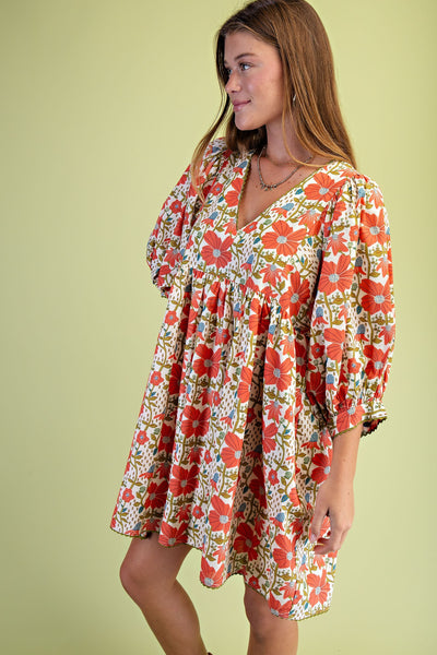 Coral Floral Mix Puff Sleeve Dress