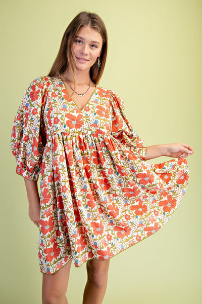 Coral Floral Mix Puff Sleeve Dress