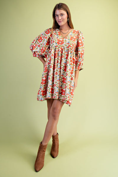 Coral Floral Mix Puff Sleeve Dress