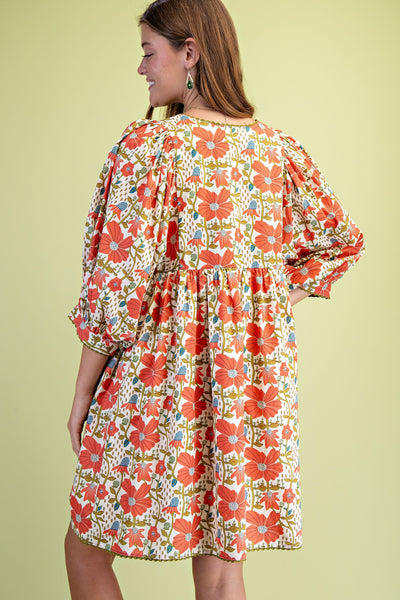 Coral Floral Mix Puff Sleeve Dress