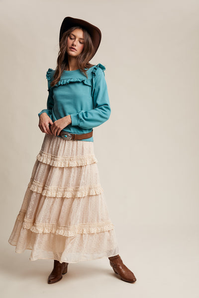 Ecru Embroidered Lace Tiered Skirt