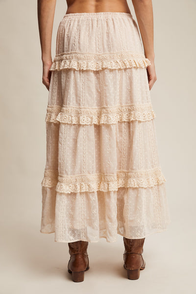 Ecru Embroidered Lace Tiered Skirt