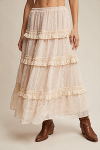 Ecru Embroidered Lace Tiered Skirt