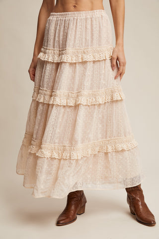 Ecru Embroidered Lace Tiered Skirt