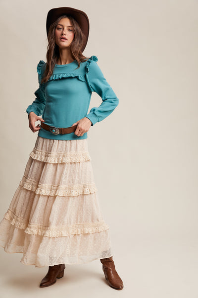 Ecru Embroidered Lace Tiered Skirt
