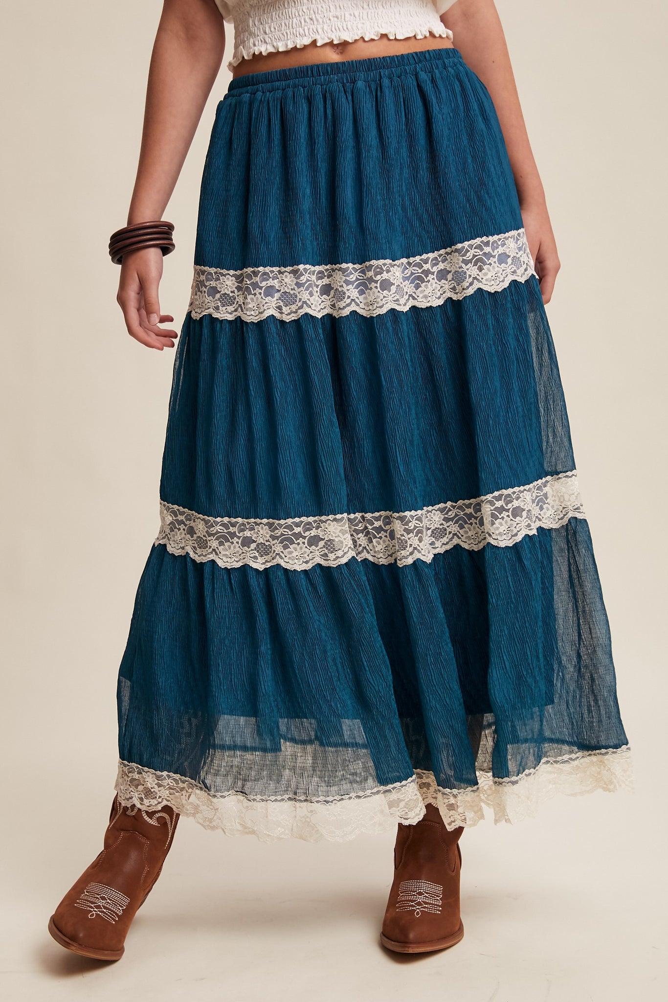 Teal Tiered Lace Trim Skirt