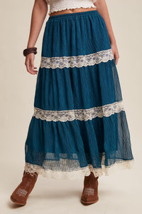 Teal Tiered Lace Trim Skirt
