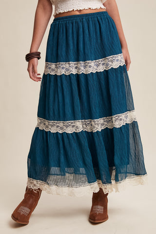 Teal Tiered Lace Trim Skirt