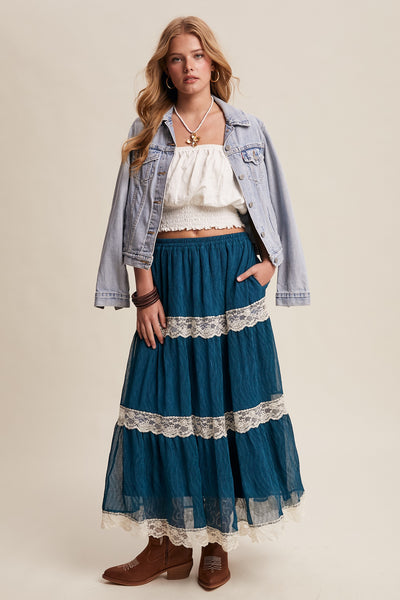 Teal Tiered Lace Trim Skirt