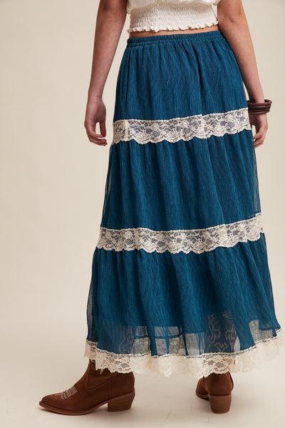 Teal Tiered Lace Trim Skirt