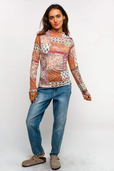 Pink Bohemian Mock Neck Patchwork Top