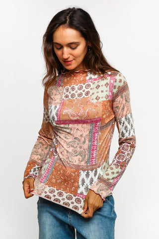 Pink Bohemian Mock Neck Patchwork Top