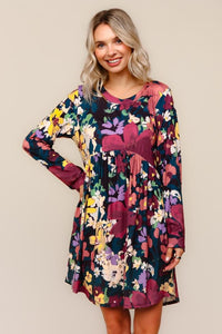 Dark Teal & Burgundy Floral Print Dress