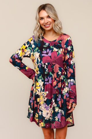 Dark Teal & Burgundy Floral Print Dress