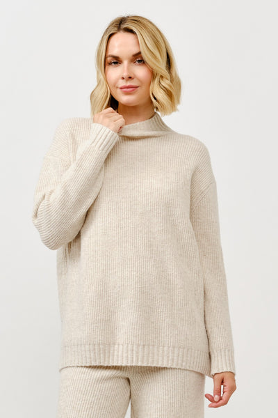Khaki Mock Neck Ribbed Sweater