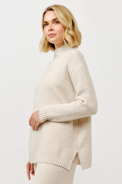 Khaki Mock Neck Ribbed Sweater