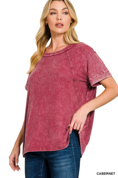 Dark Red Ribbed Acid Wash Top