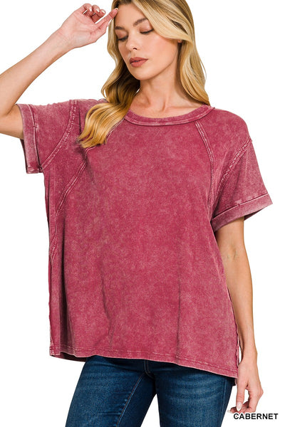 Dark Red Ribbed Acid Wash Top