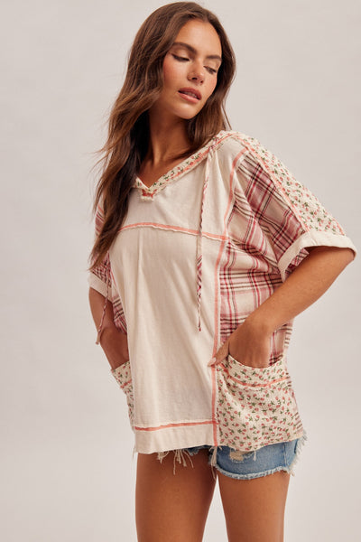 Cream Floral & Plaid Mix Hooded Patch Top