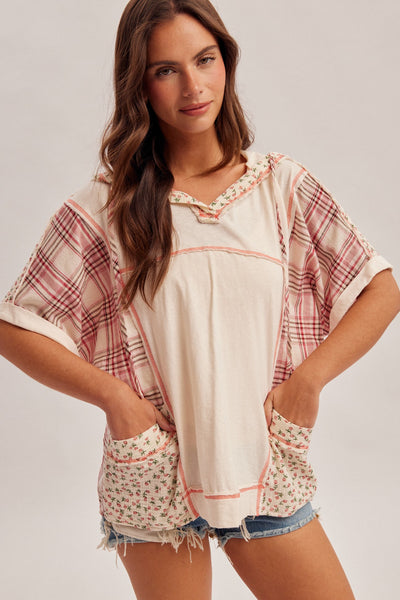 Cream Floral & Plaid Mix Hooded Patch Top
