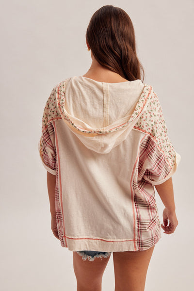 Cream Floral & Plaid Mix Hooded Patch Top