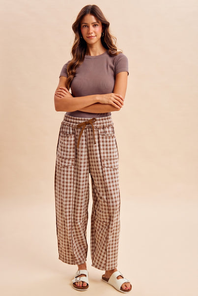 Mocha Soft Gingham Barrel Pants