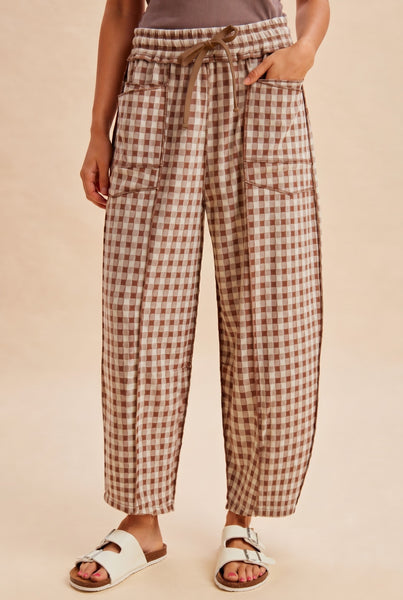 Mocha Soft Gingham Barrel Pants