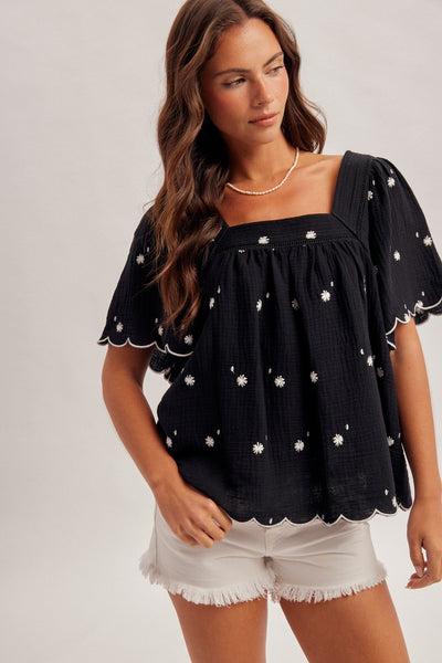 Black Daisy Embroidered Square Neck Top