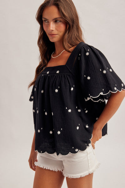 Black Daisy Embroidered Square Neck Top