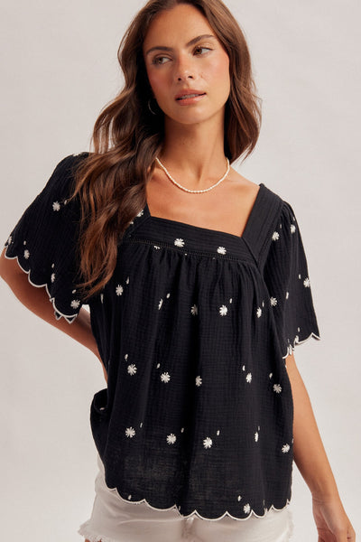 Black Daisy Embroidered Square Neck Top