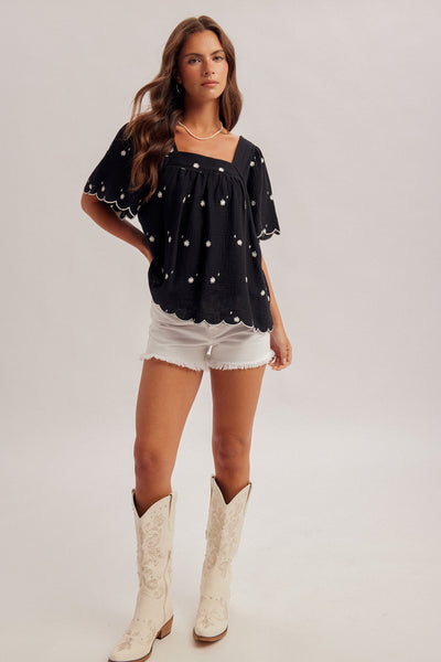 Black Daisy Embroidered Square Neck Top