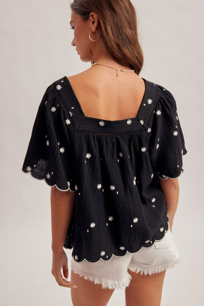 Black Daisy Embroidered Square Neck Top