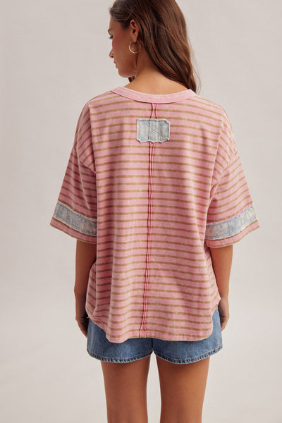Pink Washed Star Patch Stripe Top