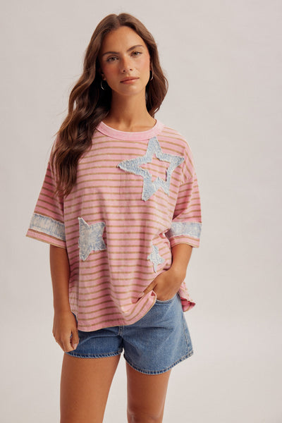 Pink Washed Star Patch Stripe Top