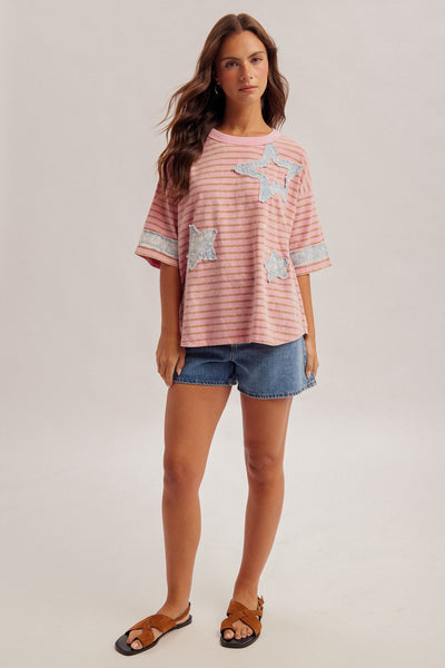 Pink Washed Star Patch Stripe Top