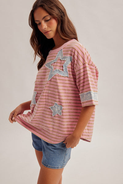 Pink Washed Star Patch Stripe Top