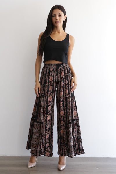 Black Floral Lace Boho Pants