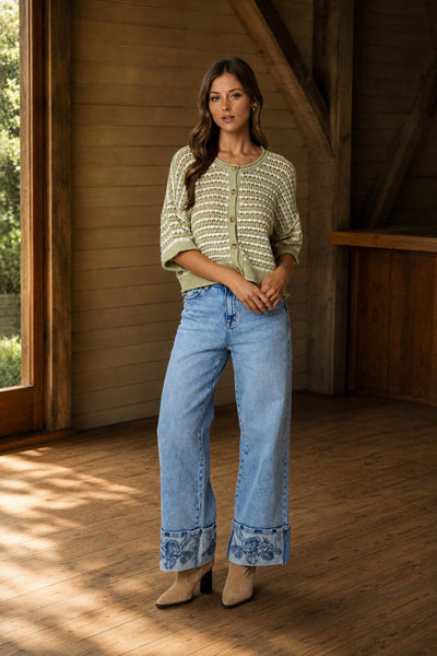 Chloe Sage Stripe Button Sweater
